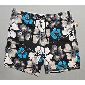 OP Board Shorts 3XL Black Blue Floral Hibiscus Mesh Lined Cargo Pocket OM12205YB